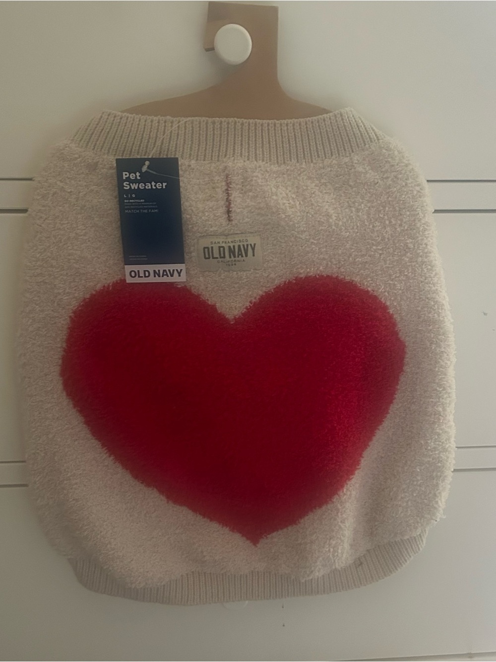Old Navy Cream and Red Heart Fuzzy Pet Sweater